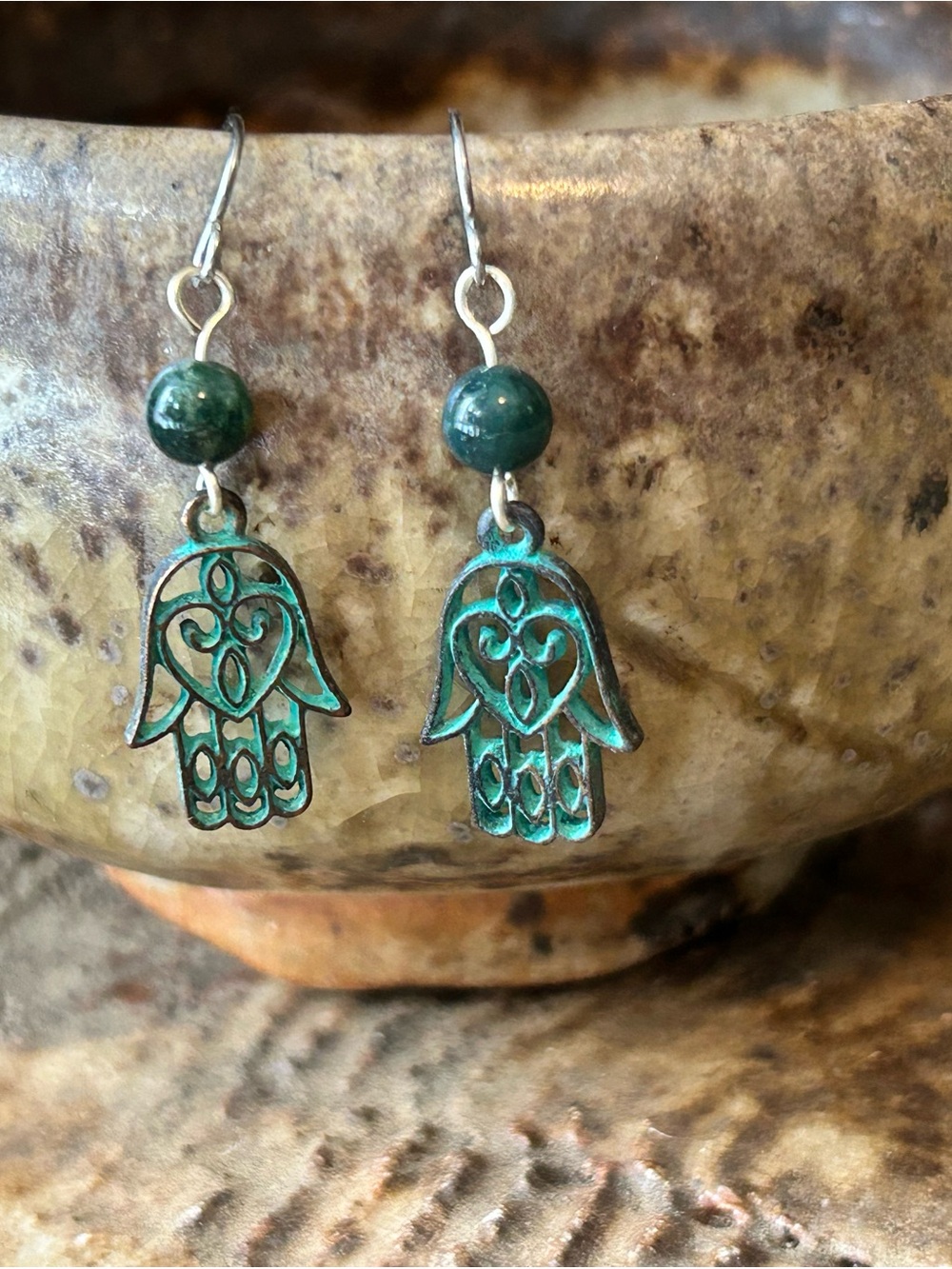 Artisan Green Patina Hamsa Dangle Earrings with Dark Green Jasper Beads